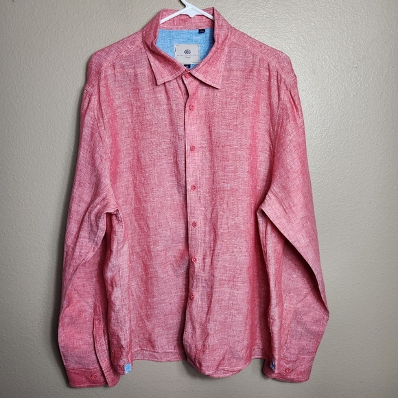 Report Collection Mens 100% Linen Cherry Red Long Sleeve Buttonfront Shirt |XL| - Picture 1 of 8